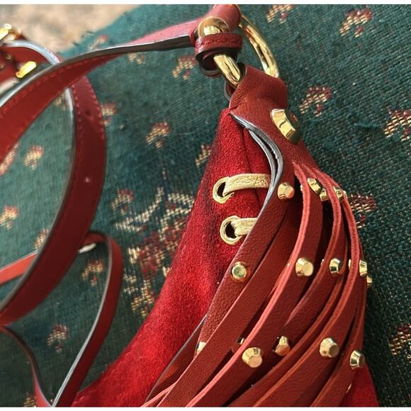 Michael Michael Kors Red and Gold Grommet Whipstitch Suede Fringe Rhea Crossbody - Picture 8 of 11
